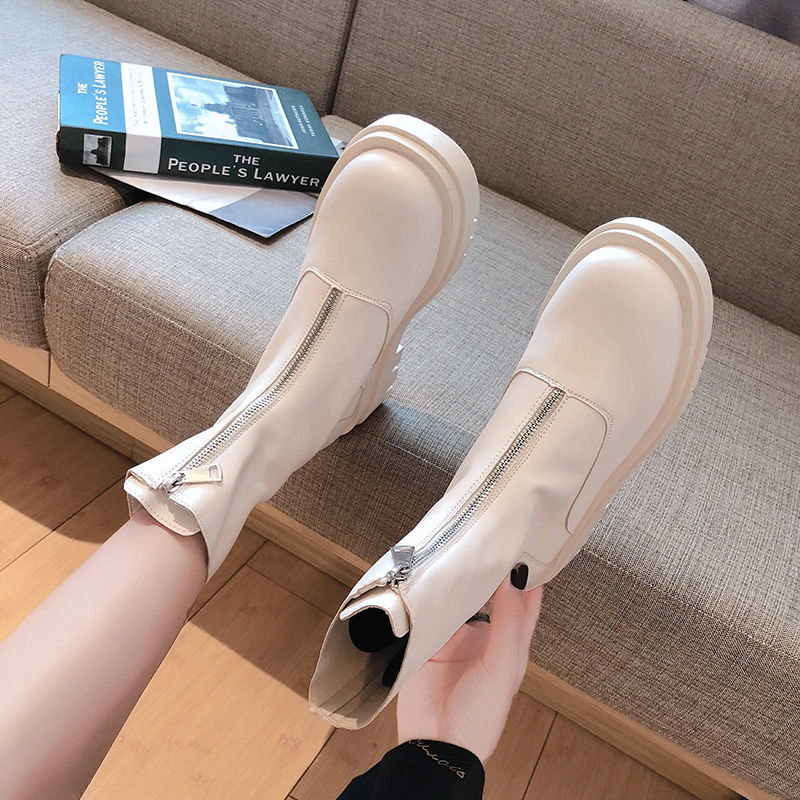 Fuyixuan 2023 Mùa xuân và mùa thu Boutique nữ Oceanic ins Tide mới lưới đỏ trắng gầy khởi động ngắn màu sắc cao giày đế dày thời trang