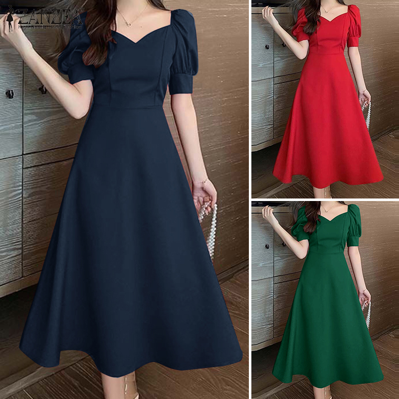 ZANZEA%20Korean%20Style%20Womens%20Puff%20Short%20Sleeve%20Midi%20Dress%20Collect%20Waist%20Elegant%20Party%20Long%20Dresses%20-%20Image%207