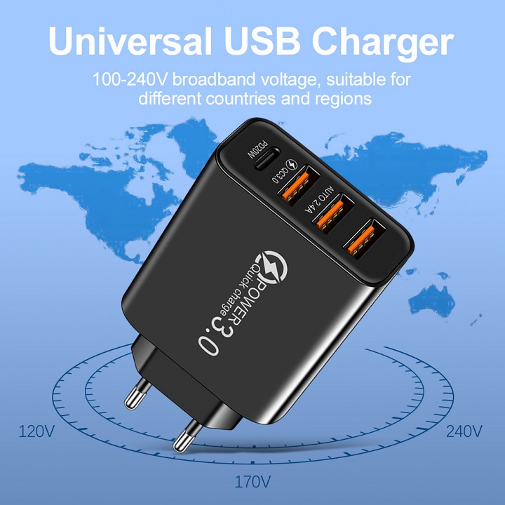 Củ sạc nhanh PD 20W iPhone Samsung 4 USB QC 3.0 PD 3.0 Type C
