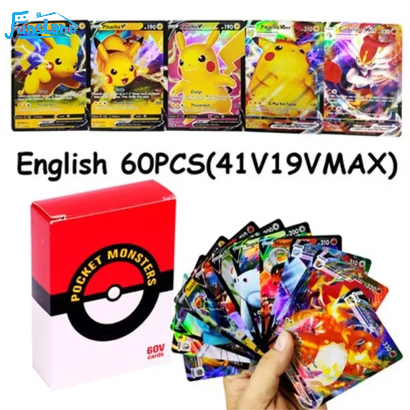 FunsLane 60pcs Pokemon Cards Set 41v+19vmax Full Flash English Cards Board Games For Kids Fans Gifts