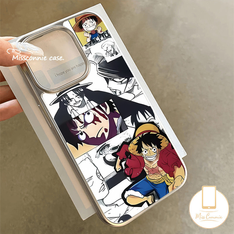 Trendy Brand Comic One Piece Phone Case Compatible for IPhone 11 14 13 15 12 Pro Max 8 7 14 15 Plus XR X 7Plus XS Max SE 2020 Luxury Electroplated Frame Cartoon Funny Luffy Cover.
