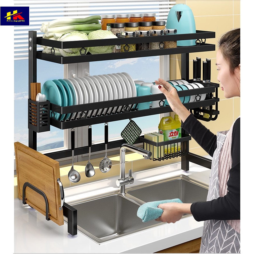 Kệ úp chén bát đa năng bằng thép carbon không gỉ, chống xước, sơn đen tĩnh điện, giá úp chén đa năng trên bồn rửa ráo nước cho nhà bếp sạch sẽ Hồng Kỳ