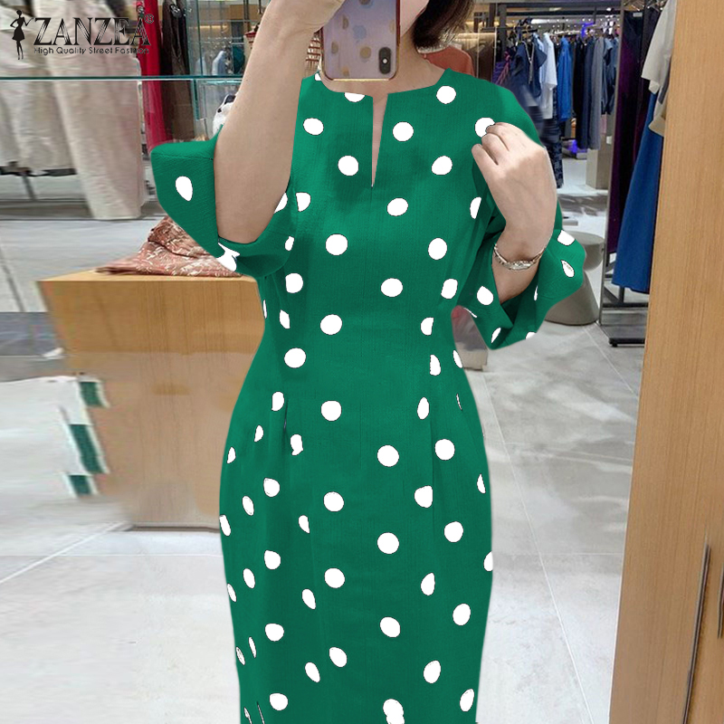 ZANZEA%20Korean%20Style%20Women's%20Dresses%20Elegant%20Fashion%20Long%20Sleeve%20Polka%20Dots%20Elastic%20Waist%20Bodycon%20Dress%20-%20Image%204