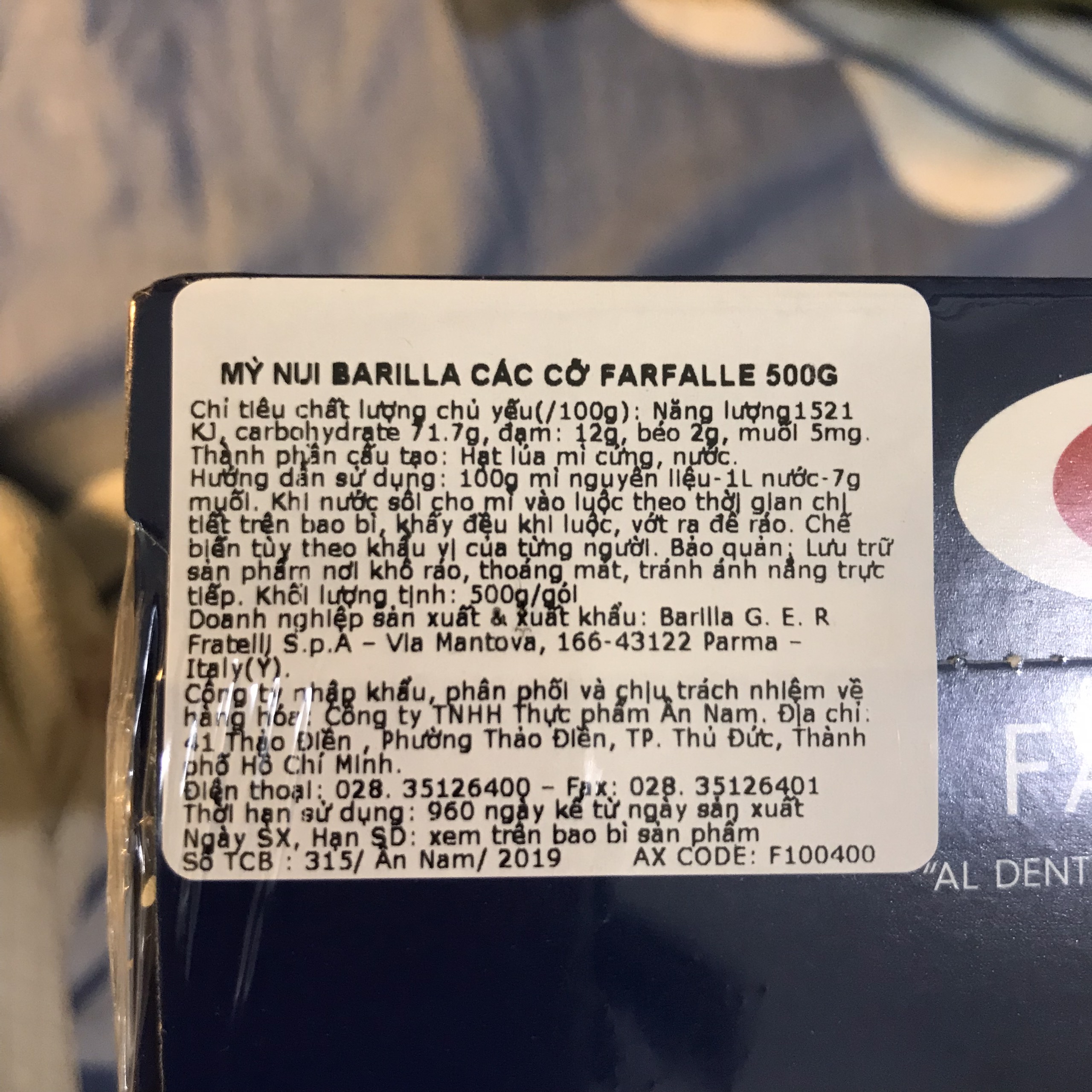 Mì nui Barilla Farfalle 500g