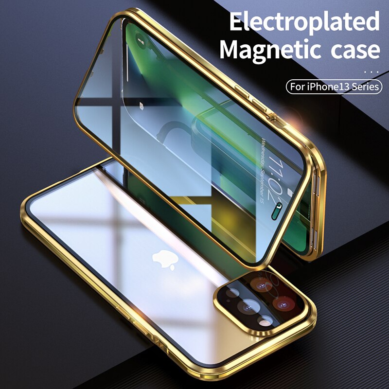 360 Double Sided Glass Magnetic Adsorption Metal Clear Shockproof Phone Case for iPhone 14 11 12 13 Pro Max XR X Xs Max 7 8 Plus Camera Lens Protector Transparent Film Cover