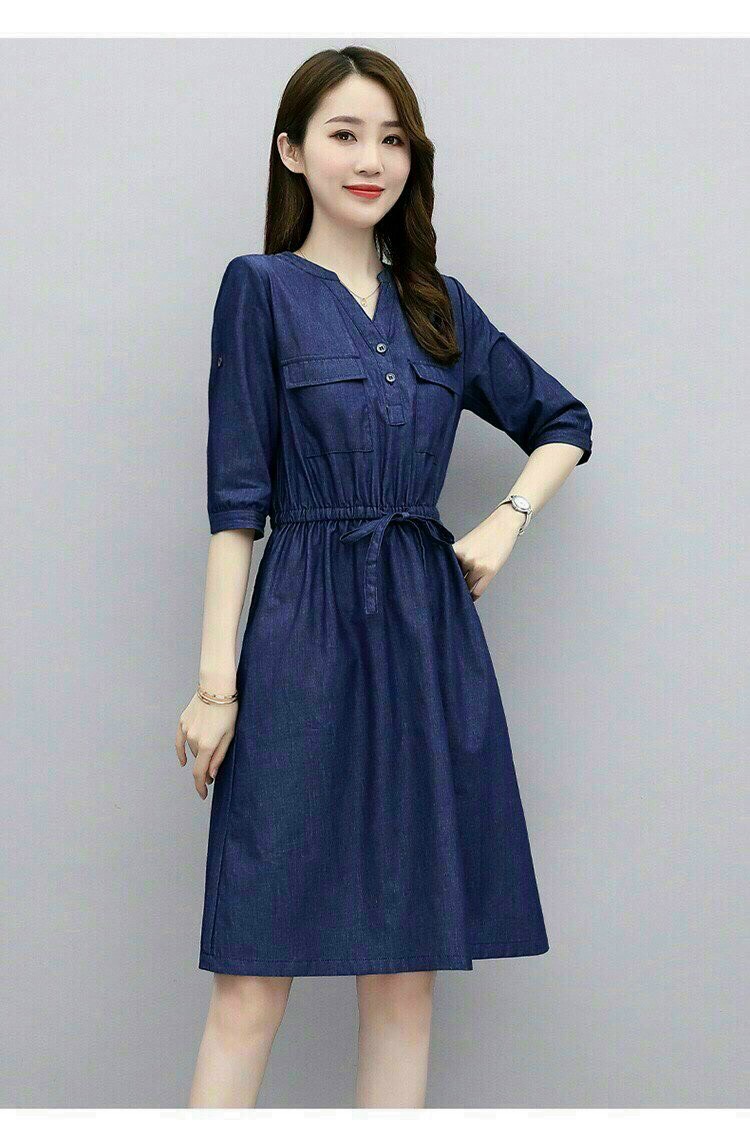 Đầm váy jean xòe dây rút eo cổ v