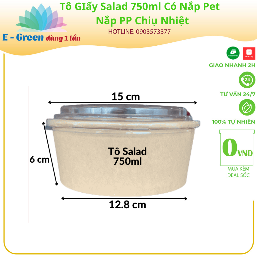 [Freeship + Giảm Giá 5K] 50 Tô Giấy Kraft Salad nâu đựng thức ăn salad bánh bông lan có nắp PP nắp pet chịu nhiệt nhiều kích cỡ - COMBO 50 cái - E Greeen Dùng 1 Lần