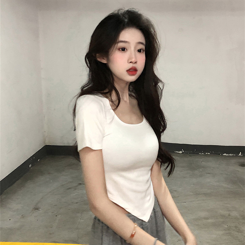Women Short Sleeve Square Neck T-Shirt Summer Irregular Hem Slim Casual Bottom TopsNIUMAO. 