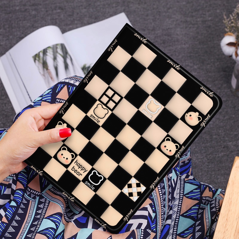 Leather checkered cartoon bear cover for xiaomi redmi pad se 11 pad 10.61 inch / mi pad 5 / mi pad 6 pro 11 inch smart cute stand thin flip case