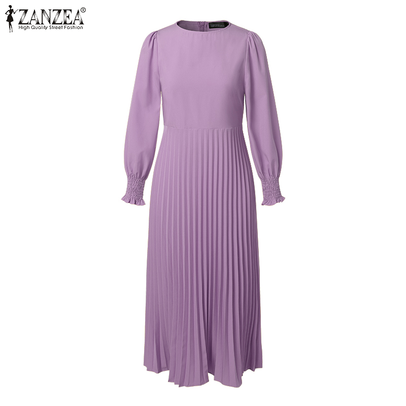 ZANZEA%20Korean%20Style%20Womens%20Elegant%20Crew%20Neck%20Lantern%20Sleeves%20Midi%20Dress%20OL%20Work%20Solid%20Pleats%20A-Line%20Dresses%20-%20Image%205