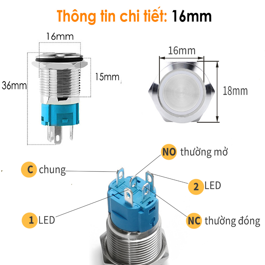 Nút nhấn nhả, Nhấn giữ khóa LED 16mm (3V-24V)