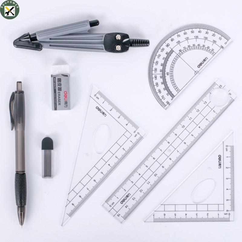 BouPower IN stock 8 pcs Math Tool Set Geometry School Compass Ruler Triangle Protractor Eraser