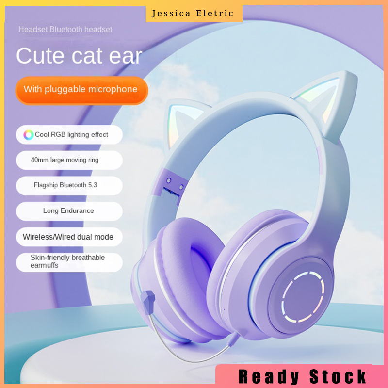 Wireless Bluetooth-compatible Headphone Gradient Color Luminous Cat Ears Gaming Headset Lovely Christmas Gifts