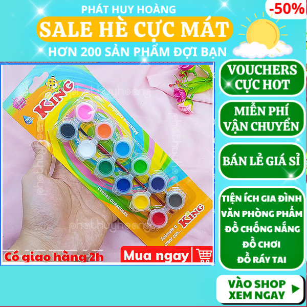 Vỉ màu nước 12 hủ mini loại tốt giá rẻ, màu vẽ học sinh lớp 6 đa sắc tiện lợi, hủ màu kèm cọ vẽ tô tượng, màu phối tranh cho bé vô cùng dễ thương,đồ dùng học tập, Phát Huy Hoàng