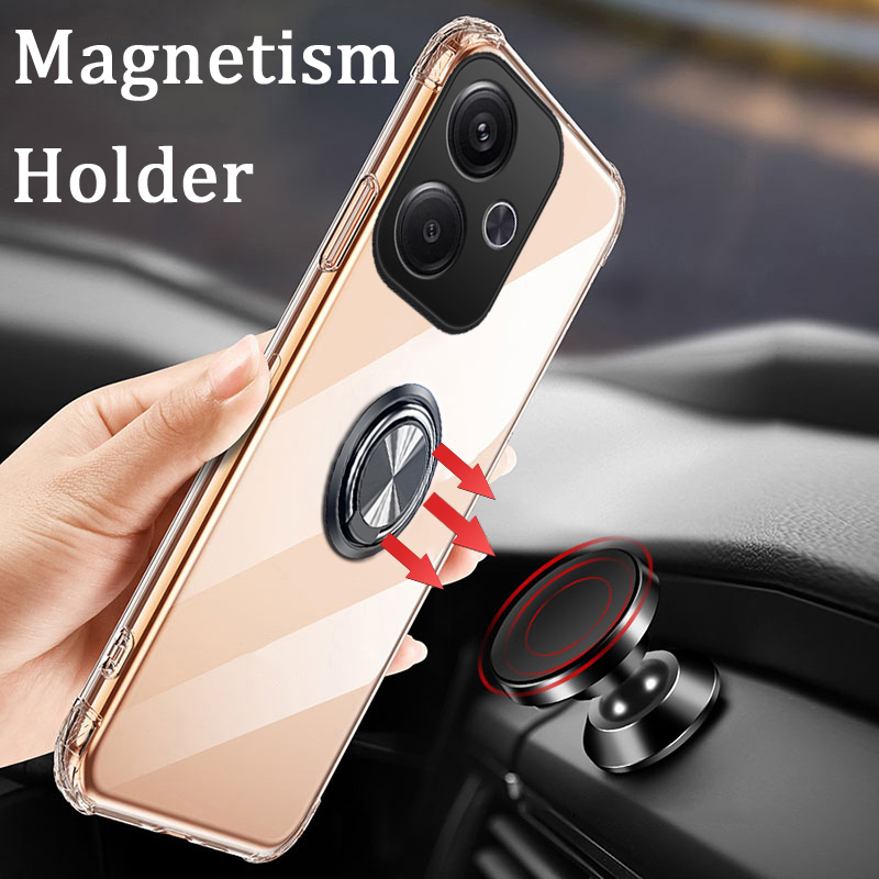 For Xiaomi Poco M6 Case Soft Clear Transparent Protector Shockproof Car Adsorb Holder Ring For Xiaomi Poco M6 4G Back Cover Phone Cases.