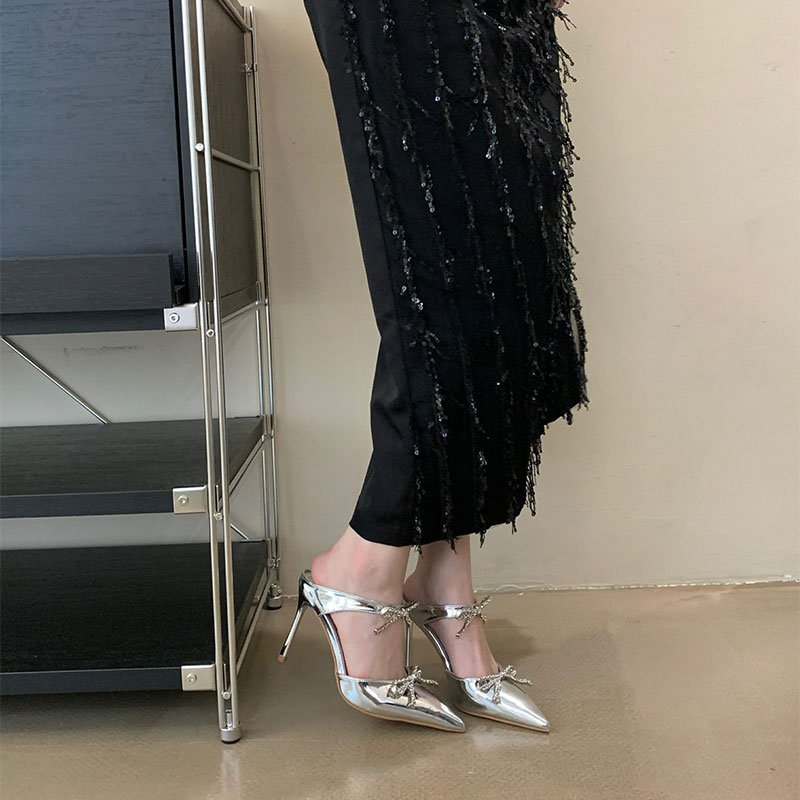 Women's high heels high-end silver rhinestone bow pointed heels