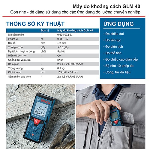 Máy đo kiểm tra khoảng cách laser Bosch GLM 40
