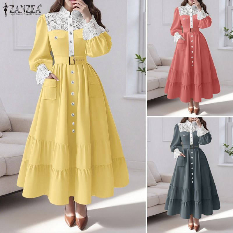ZANZEA%20Korean%20Style%20Women%20Fashion%20Stand%20Collar%20Full%20Sleeve%20Dresses%20Stitching%C2%A0Color%20Lace%20Patchwork%20Loog%20Dress%20#1020%20-%20Image%204