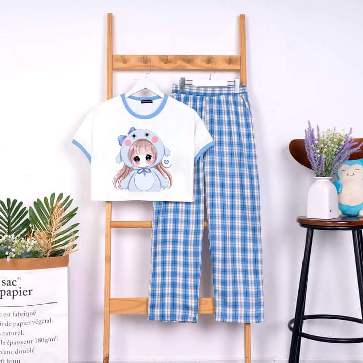 Bộ cho bé gái áo cô gái 3d kute kèm quần kẻ ống rộng size 9 đến 65kg