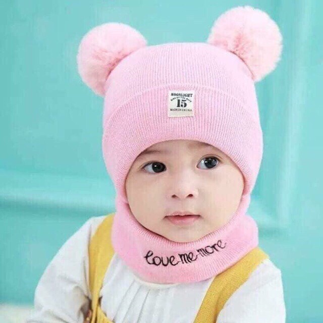 Mũ len 2 quả bông kèm khăn cho bé