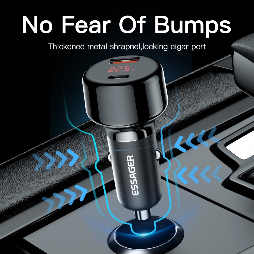 Essager 65W Type c + Usb car charger with digital display function supports 12V24V voltage dual
