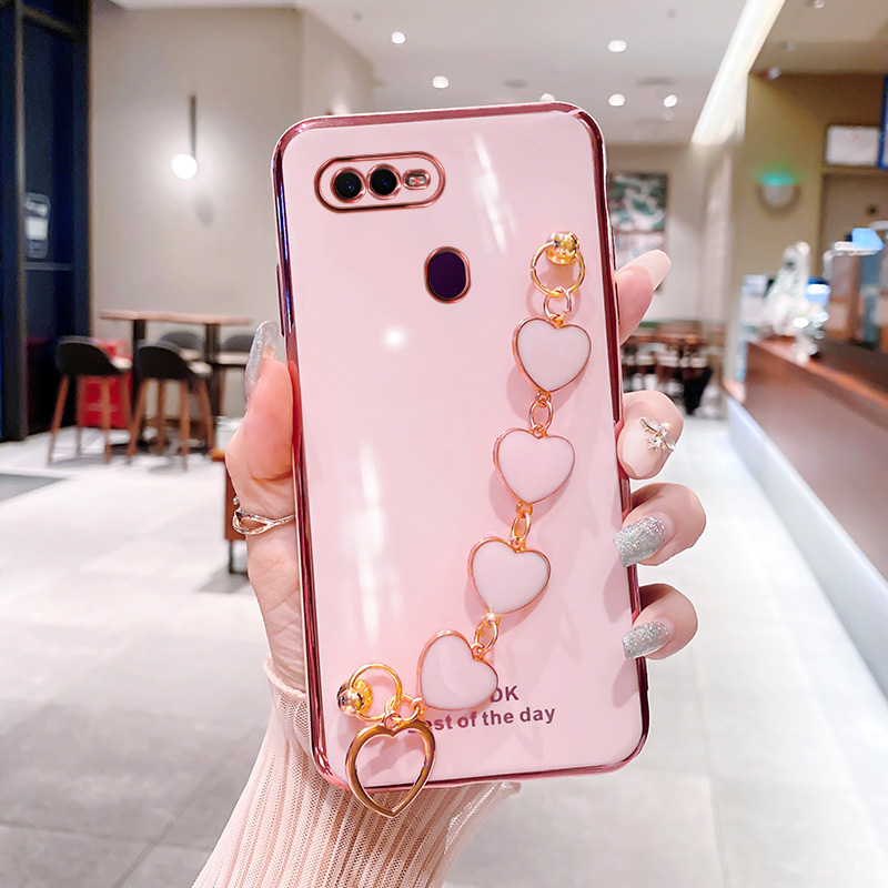 For OPPO A5s Back Cover with 3D Love Heart Wristband Chain Fashion Bracelet Shiny Plating Phone Case Soft Silicone Bumper Protective Cover. 