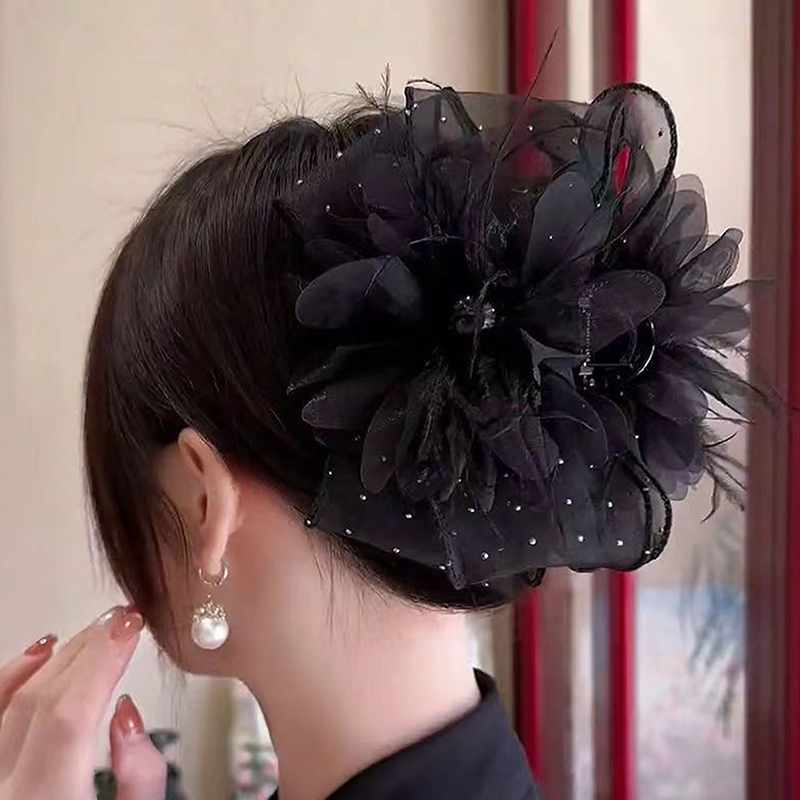 Mesh%20Lace%20Black%20Feather%20Ribbon%20Bow%20Hair%20Claws%20Hairpin%20Big%20Ponytail%20Holder%20Hair%20Clips%20Hair%20Accessories%20For%20Women%20BOYUAN%20-%20Image%202
