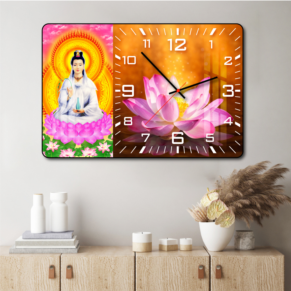 Lalashop - Tranh Phật Kèm Đồng Hồ Treo Tường Tráng Gương Cao Cấp Tranh đồng hồ tráng gương decor phòng khách Tranh Treo Tường Phật Quan Âm Bồ Tát Tranh Phật