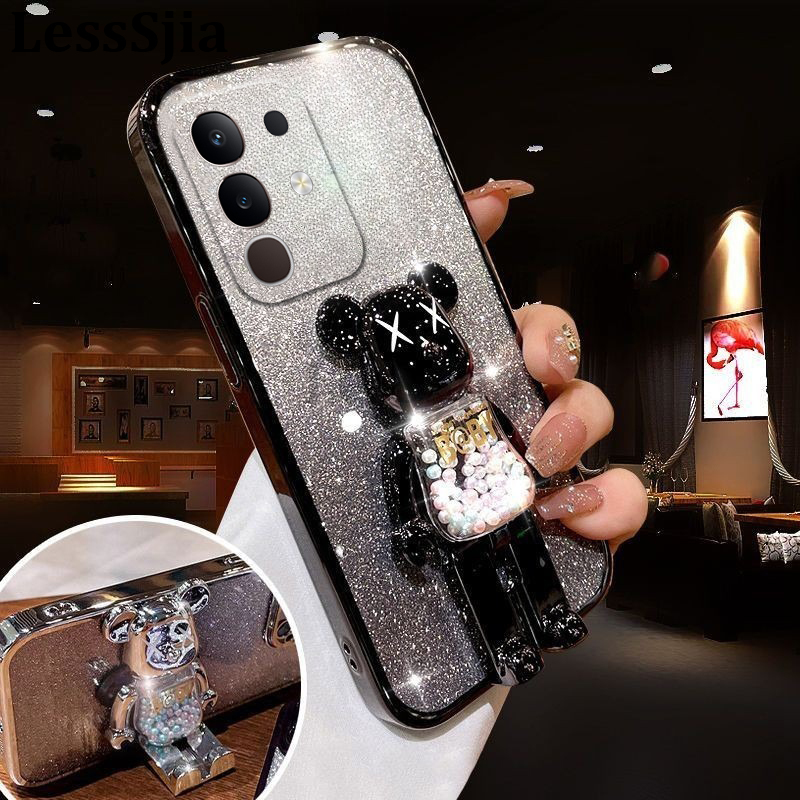 Phone cover Vivo Y29 4G Back Case with Cartoon 3D Bear Stand Luxury Slim Gradient Plating Glitter Girls Stylish For Vivo Y29 4G Phone cases.