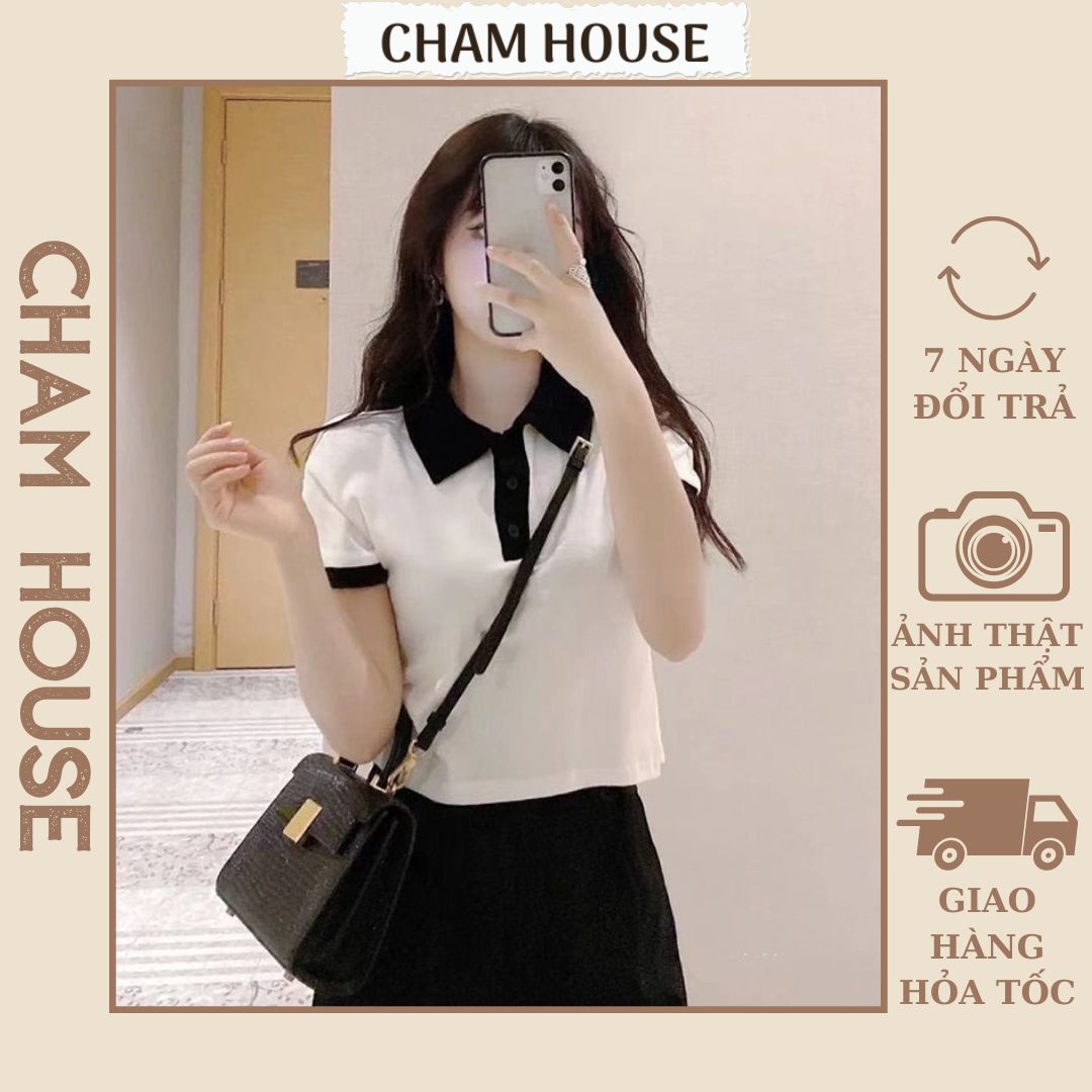 Áo Croptop nữ Cổ Bẻ Áo Thun Polo Basic Cơ Bản Trắng Đen Phối Cổ