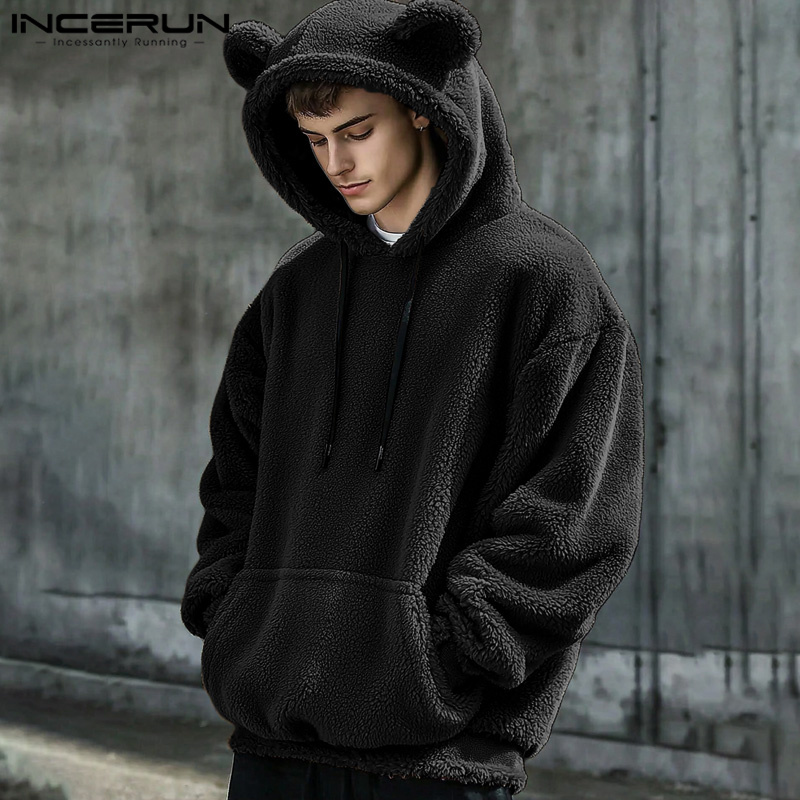 INCERUN Men's Loose Polar Fleece Bear Ears Hoodies Sweatshirts