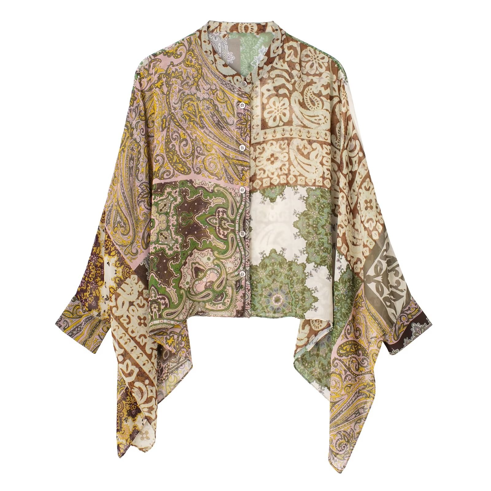 TRAF Print Cape Blouse Female Boho Button Up Shirt Women Summer Semi Sheer Shirts And Blouses Women Long Sleeve Patchwork Top