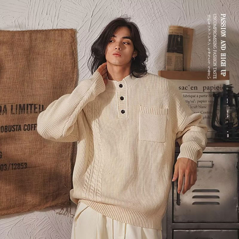 YIPINYOUYOU丨Men's sweater - Japanese vintage half turtleneck sweater Men's fall and winter casual pullover sweater