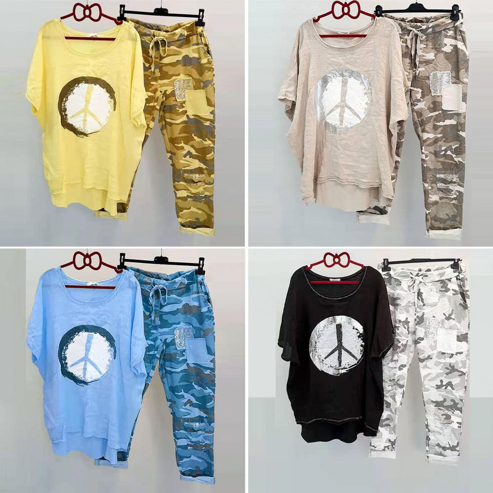 1 Set T-shirt Pants O-Neck Two Piece Set Asymmetrical Lace-up T-shirt Pants. 