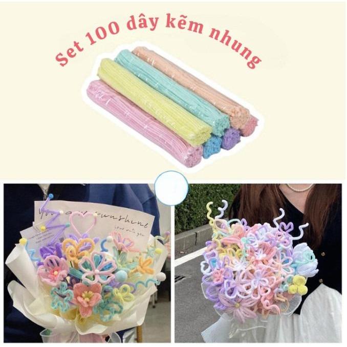 Set làm hoa kẽm nhung, kẽm làm hoa handmade, kẽm nhung mix màu, kẽm nhung bó 100 sợi đủ màu pastel
