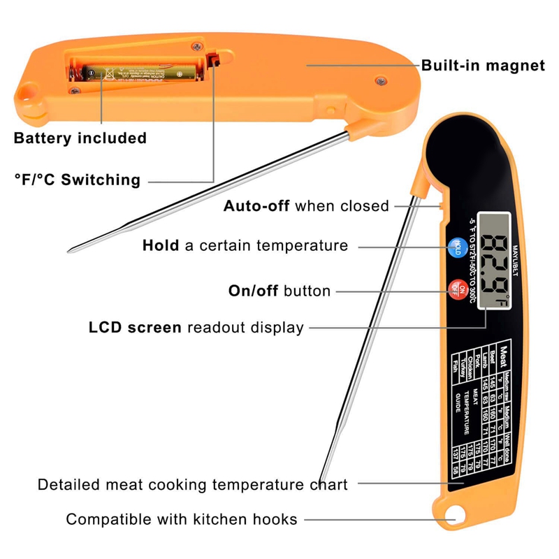 Digital Instant Read Meat Thermometer with Highly Accurate Temperature Probe Electric Cooking Thermometer for Kitchen Food Grilling Grill BBQ Smoker Liquids Fryer Hot Oil Frying