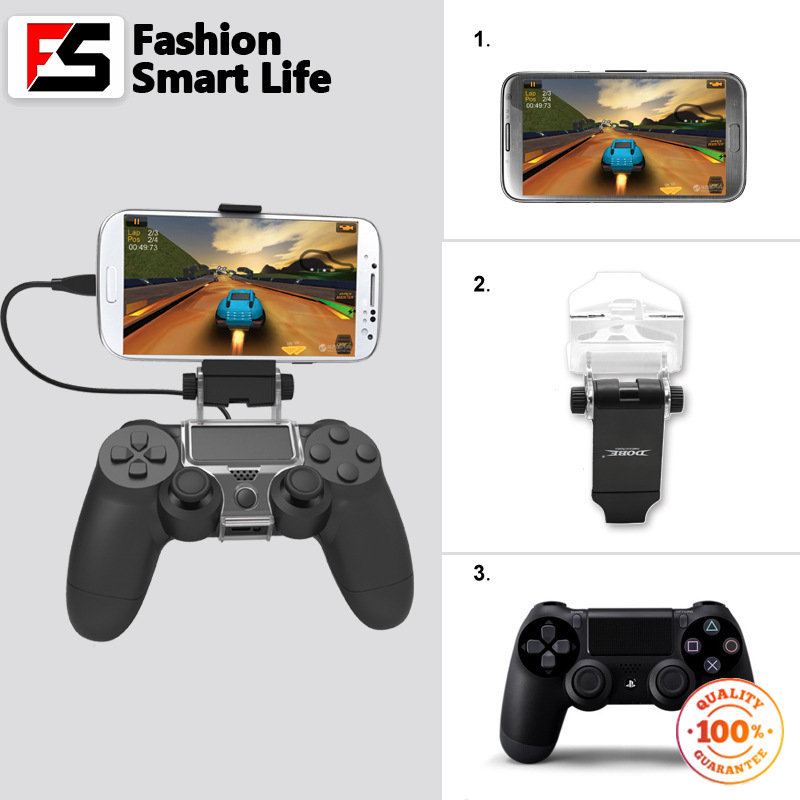 PS4 Slim Smart Handle Clip Cell Mobile Phone Clamp Holder with OTG Cable for 4 Controller Black