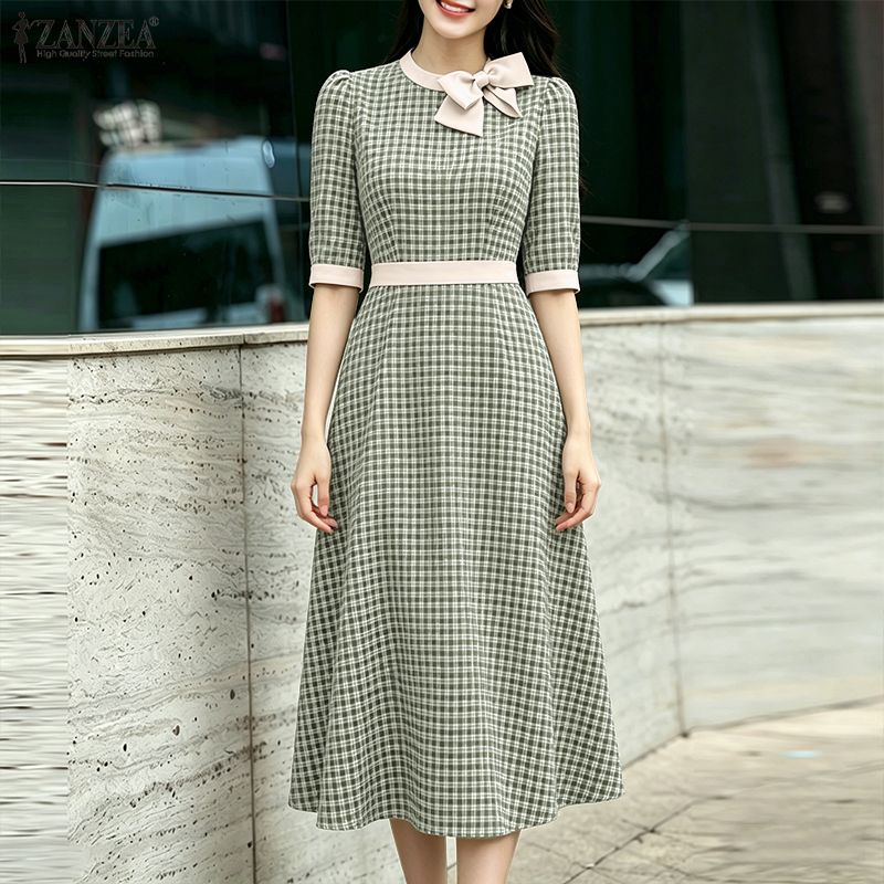 korean style midi dress ZANZEA Women Elegant 3/4 Sleeve Plaid Printed Dresses Tie Neck Bowknot A-Line #0504 colourgroup:1235
