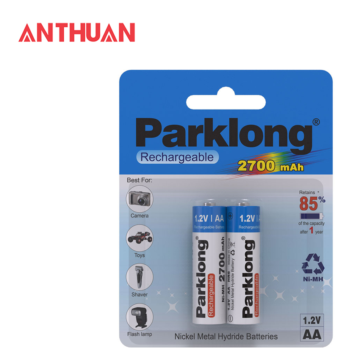 Vỉ 2 pin tiểu sạc Parklong AA 2700mAh,Pin cao cấp chuyên dùng cho đồ chơi và các thiết bị điện tử