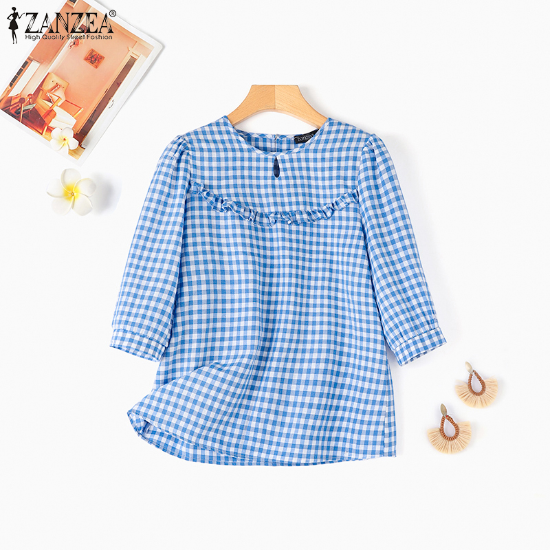 ZANZEA%20Women's%20Blouse%20Summer%20Casual%20Plaid%20Casual%20Ruffle%20Hem%203/4%20Sleeve%20Round%20Neck%20Loose%20Shirt%20Top%20-%20Image%204