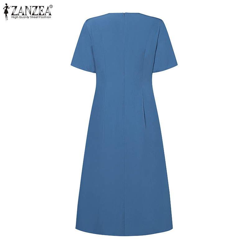 ZANZEA%20Korean%20Style%20Women%20Elegant%20Pleats%20A-Line%20Dress%20V-Neck%20Solid%20Color%20OL%20Mid%20Dresses%20With%20Back%20Zipper%20-%20Image%207