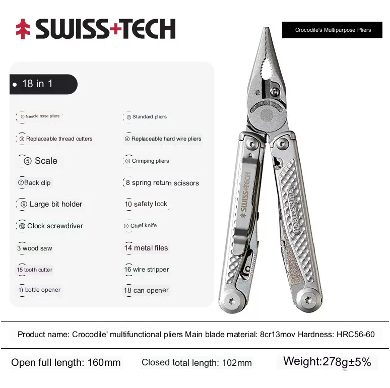 Swiss+Tech 18in1 Crocodile Pliers Multi-tool Survival Kit