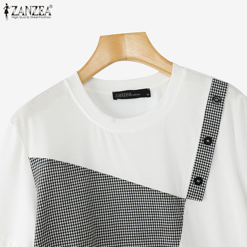 ZANZEA%20Women%20Summer%20Fake%20Two%20Pieces%20Plaid%20Patchwork%20Blouses%20Short%20Sleeve%20Crew%20Neck%20Daily%20Top%20#0804%20-%20Image%207