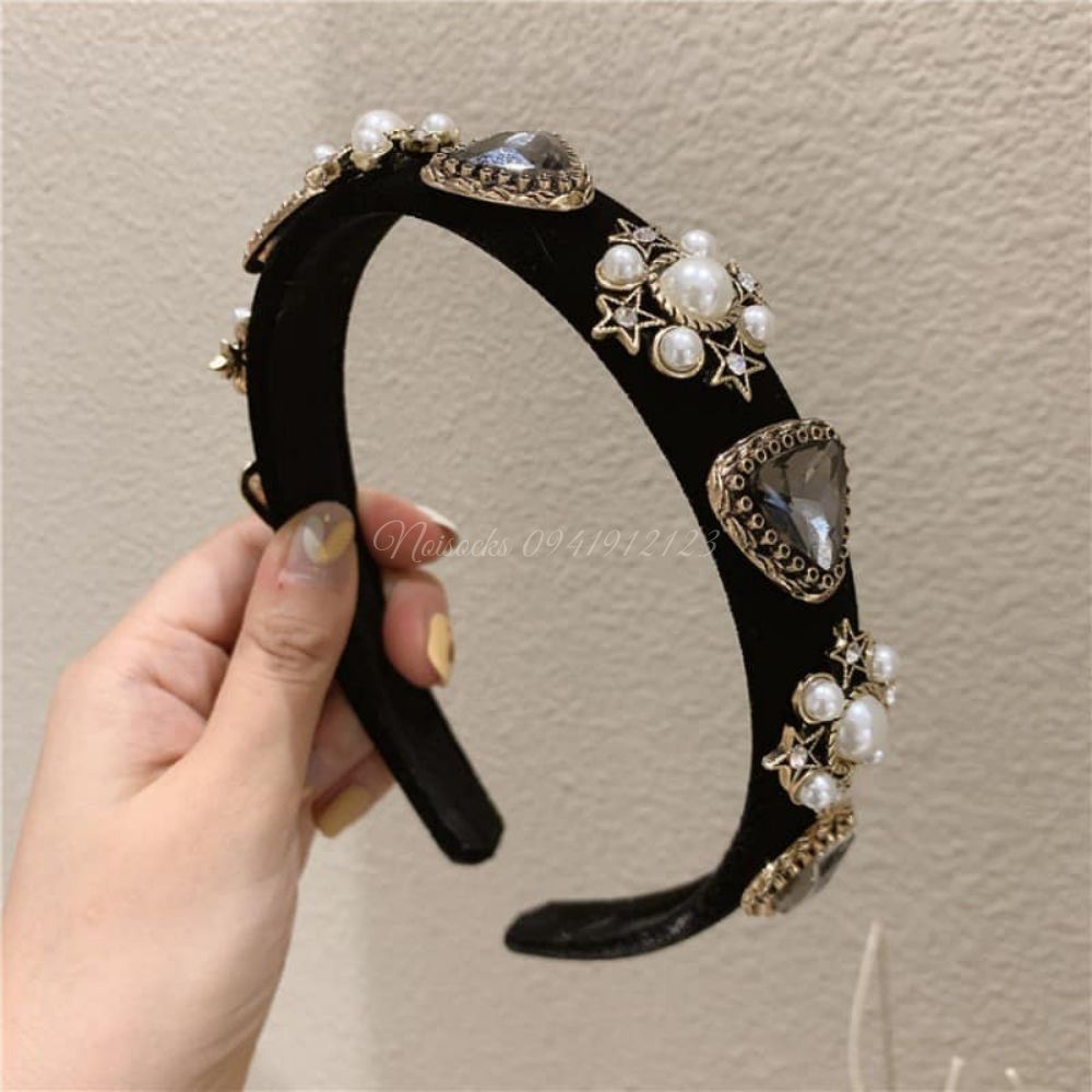 [Sỉ lẻ] Bờm nhung lụa đen đính đá Thời Trang, Bờm cài tóc Retro Nhung Hàn Quốc - Noisocks