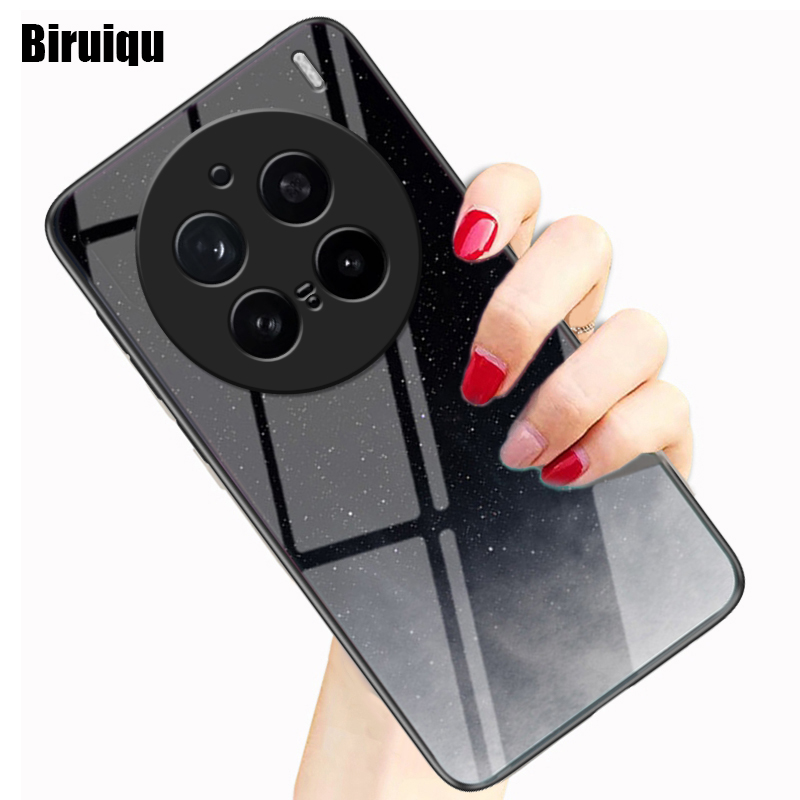 Biruiqu For VIVO X200 Pro Shockproof Starry Colorful Tempered Glass Back Soft Silicone Edge Case Cover