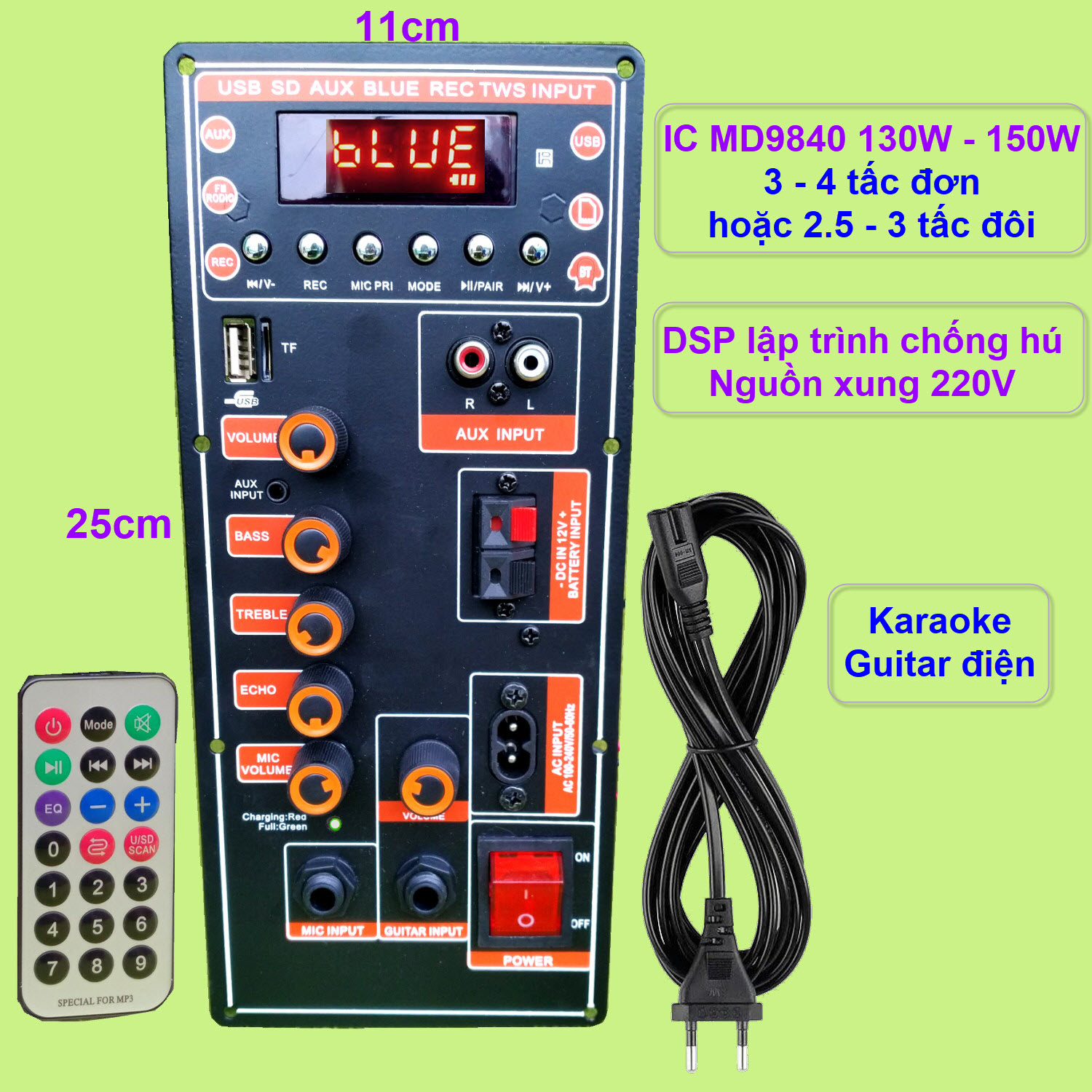 Mạch loa kéo ic md9840 130w – 150w dsp lập trình chống hú, nguồn xung 220v - karaoke và guitar điện