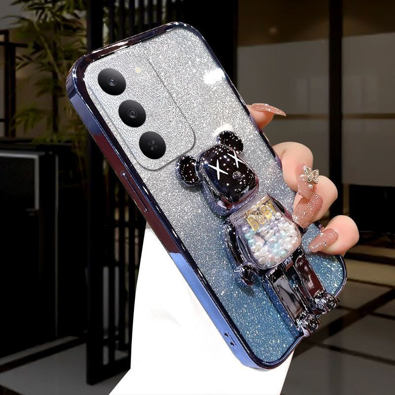 New Phone case Realme C71 C75 C75X Back cover with Cartoon 3D Bear Stand Luxury Slim Gradient Plating Glitter Girls Stylish For Realme C75 C75X C71 case.