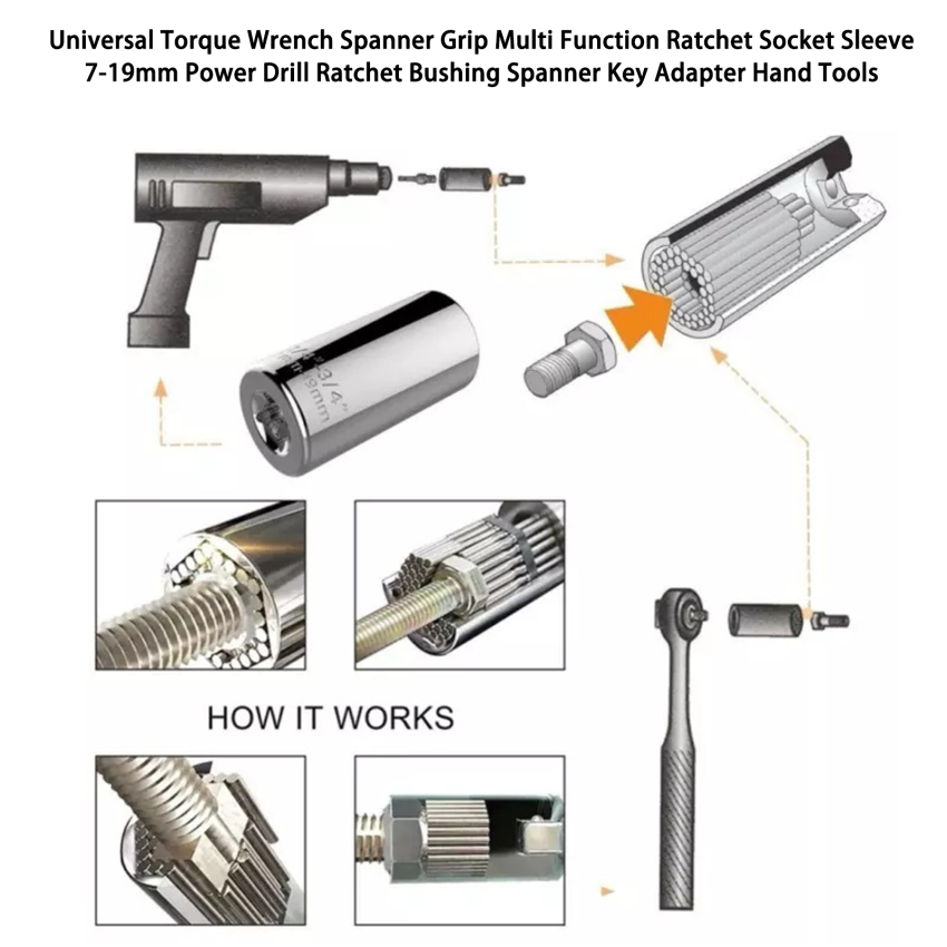 Universal Torque Wrench Spanner Grip Multi Function Ratchet Socket Sleeve 7-19mm Power Drill Ratchet Bushing Spanner Key Adapter Hand Tools