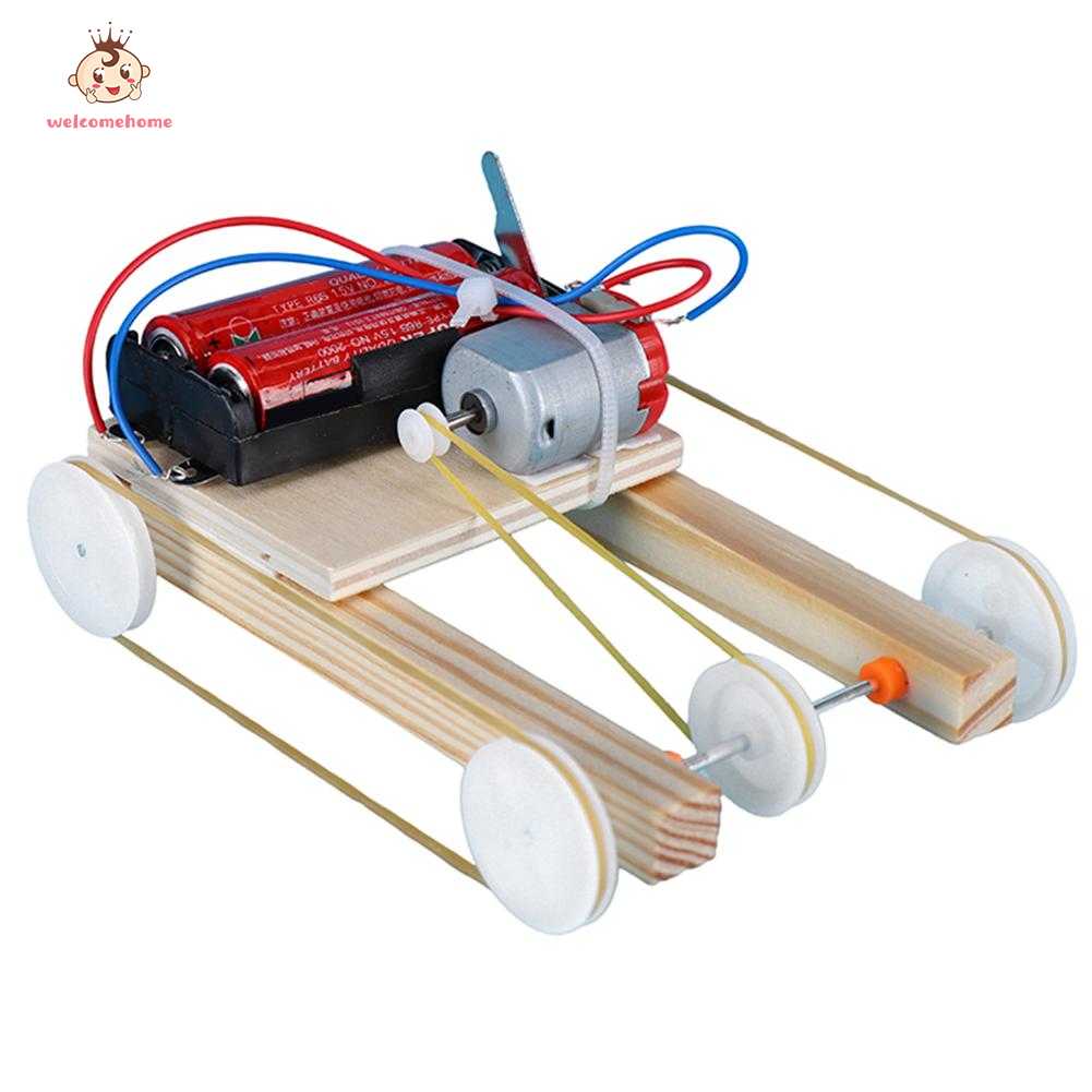 Wooden DIY Electric Pulley Four Wheel Drive Car Assembly Model Kit Kids Toy Science Experiment Educational Toys