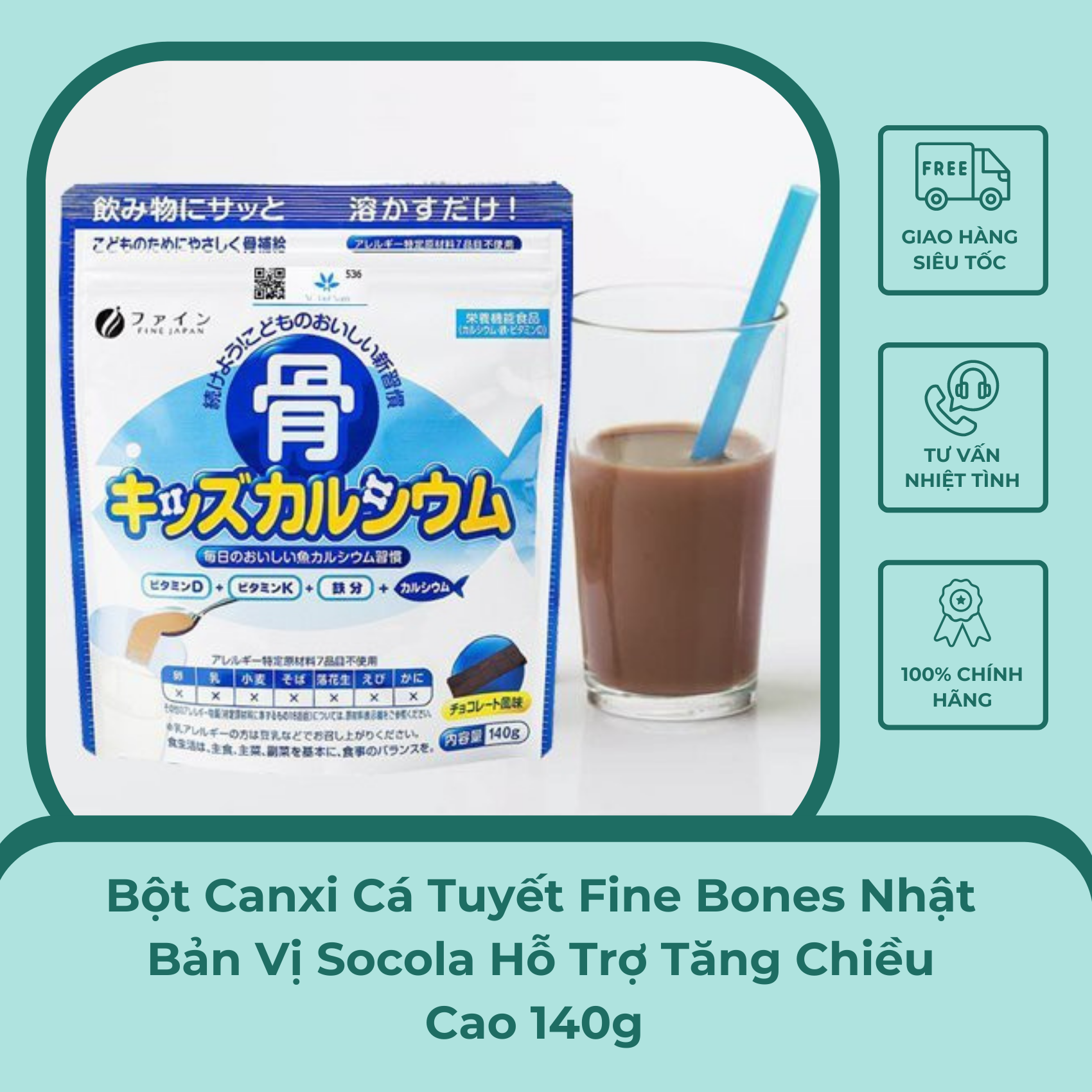 Bột canxi cá tuyết fine bones nhật bản vị socola hỗ trợ tăng chiều cao 140g - xuân nghi store